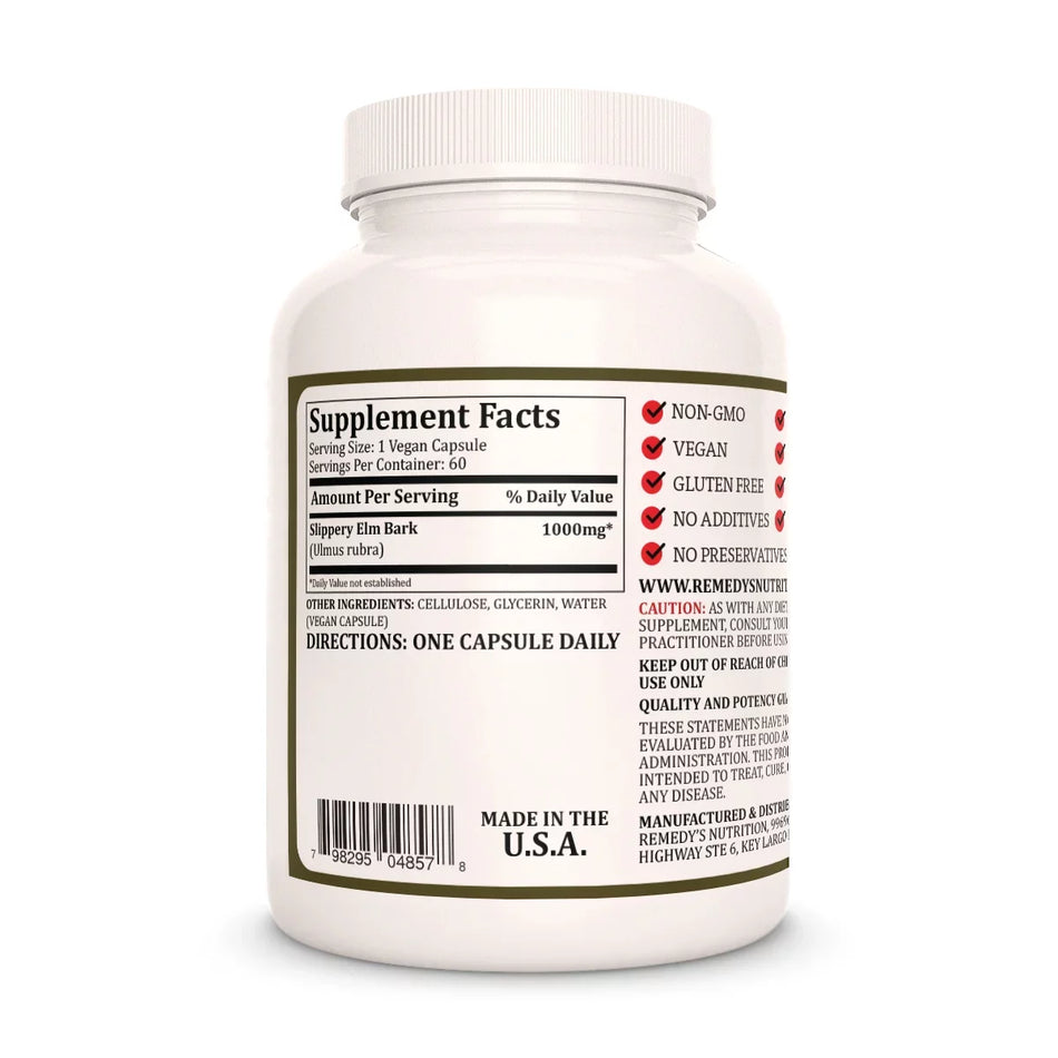 Image of Remedy's Nutrition® Slippery Elm Bark back bottle label. Supplement Facts, Ingredients and Directions. Ulmus rubra.