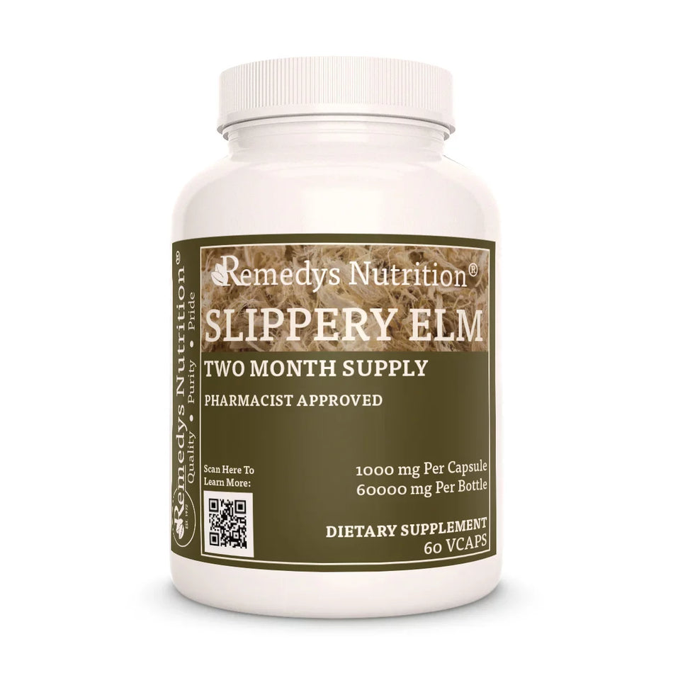 Image of Remedy's Nutrition® Slippery Elm Bark Capsules Herbal Dietary Supplement front bottle. Made in the USA. Ulmus rubra.