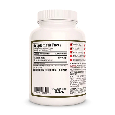 Image of Remedy's Nutrition® St. John’s Wort back bottle label. Supplement Facts Ingredients Directions Hypericum perforatum.
