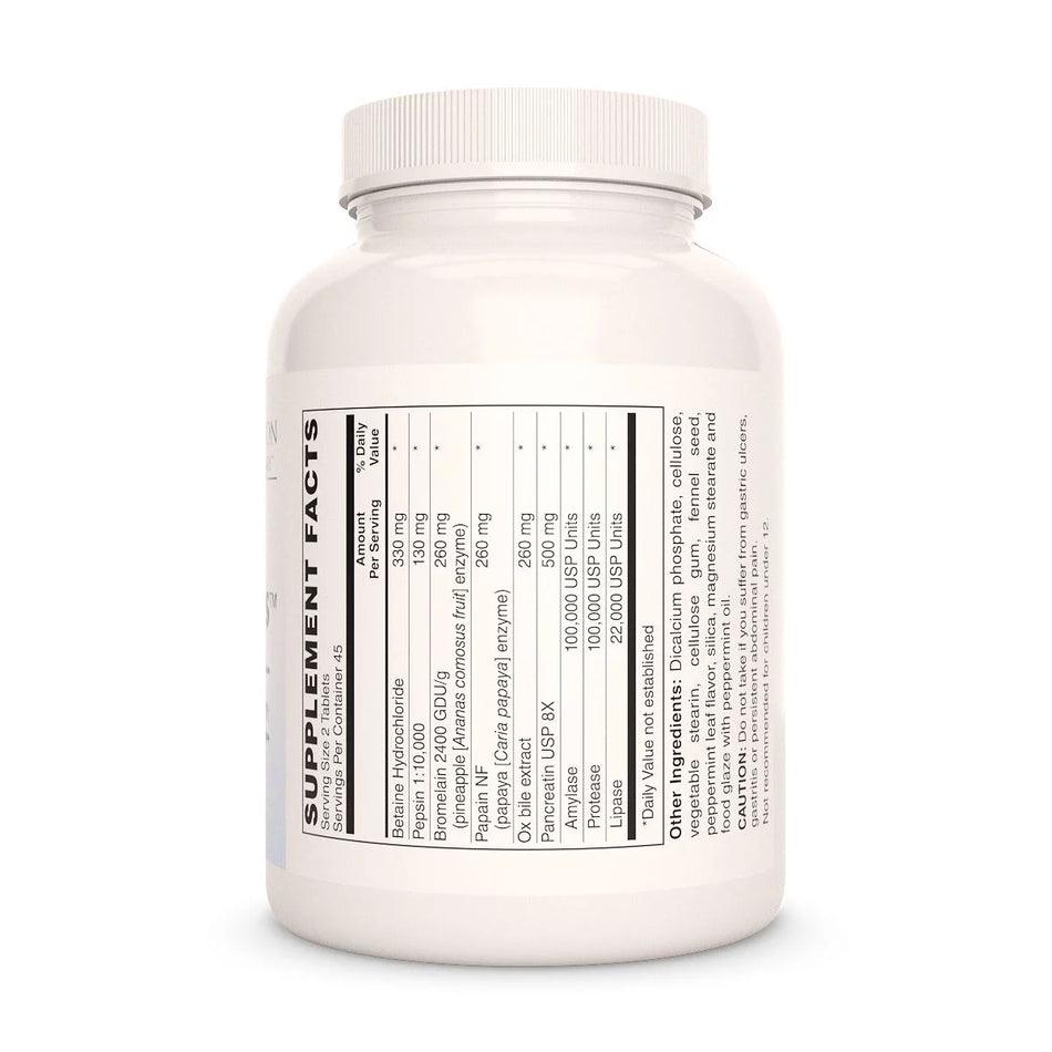 Image of Remedy's Nutrition® Superzymes™ back bottle label Supplement Facts Ingredients: Pancreatin, Ox Bile, Papain & Pepsin
