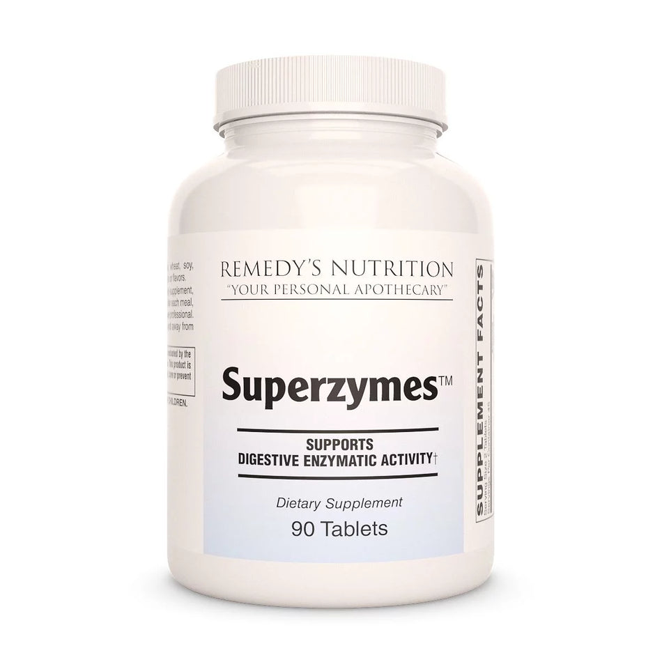 Image of Remedy's Nutrition® Superzymes™ Enzyme Tablets Dietary Supplement front bottle. Includes Betaine, Pepsin & Bromelain