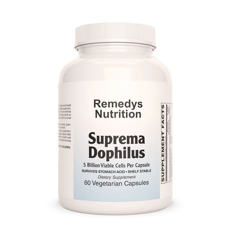 Image of Remedy's Nutrition® Suprema Dophilus 5 Billion CFU per Capsule Dietary Supplement. Enteric Coated Probiotic bottle.