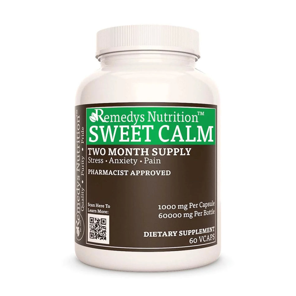 Image of Remedy's Nutrition® Sweet Calm™ Capsules Herbal Dietary Supplement front bottle. Made in USA. Kava, Chamomile, Kudzu.