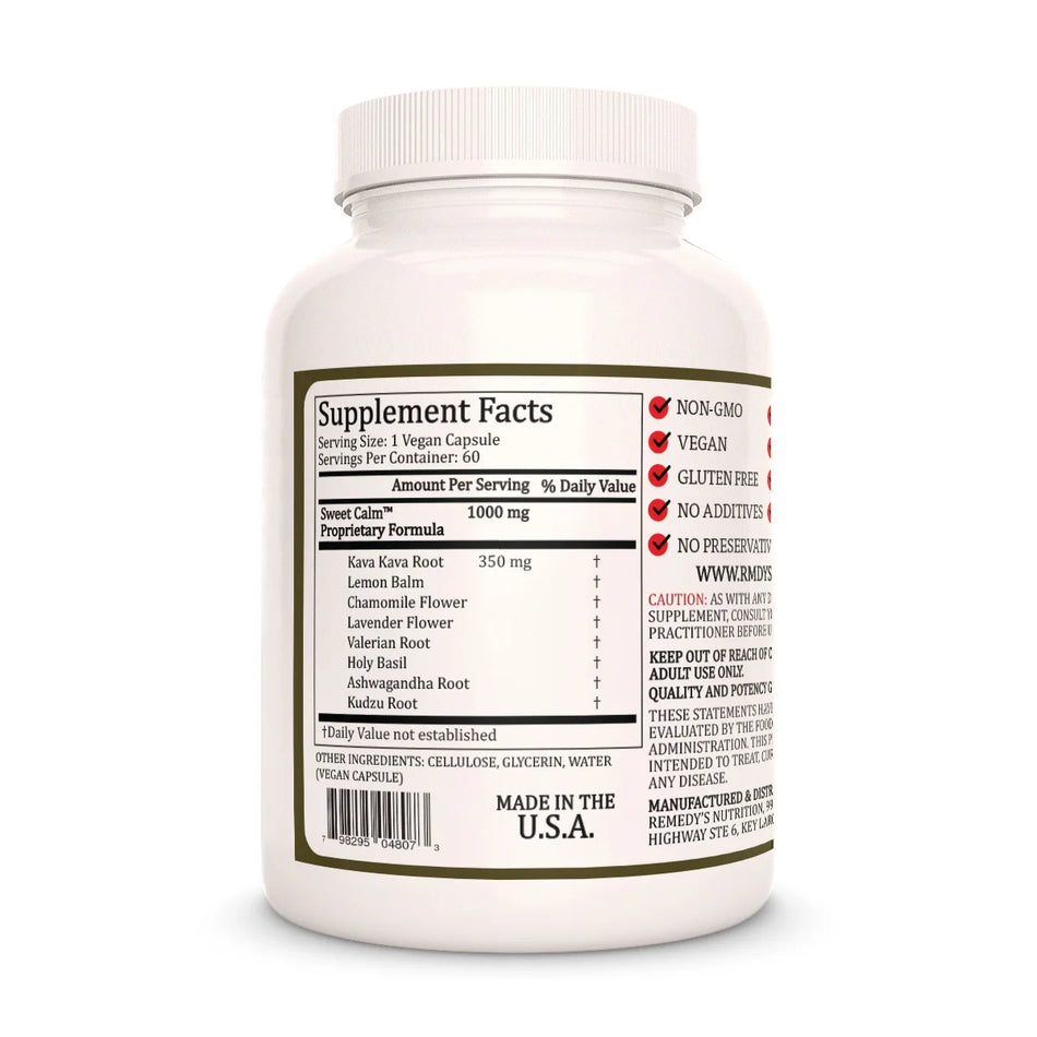 The back of a Remedy's Nutrition 'Sweet Calm' supplement bottle, showing the supplement facts and ingredients.