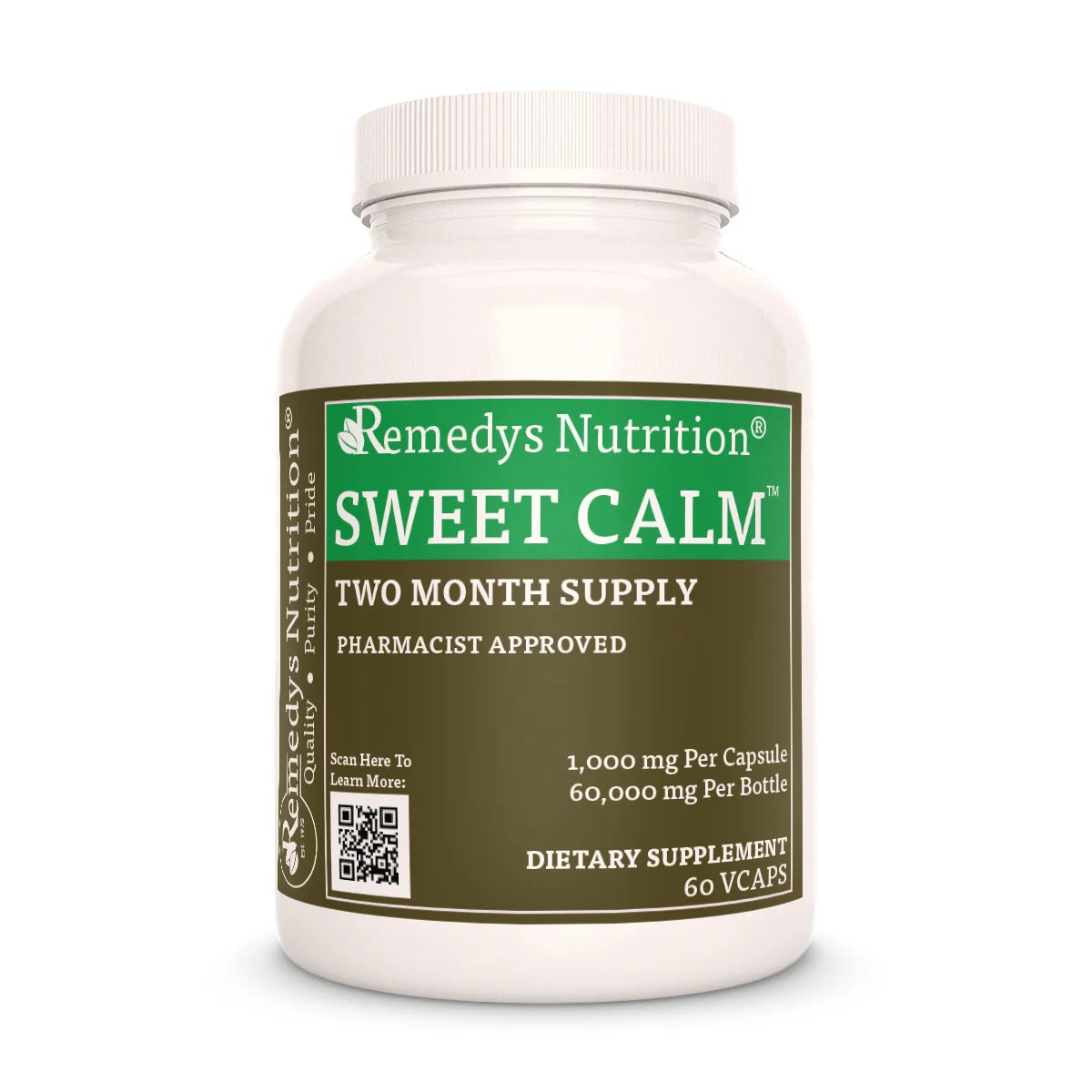 The front of a bottle of Remedy's Nutrition 'Sweet Calm' dietary supplement.