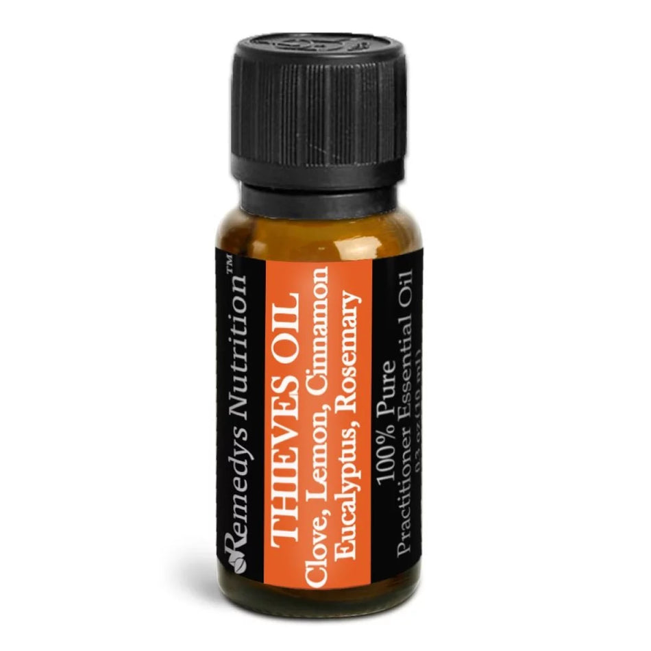 Image of Remedy's Nutrition® Thieves Essential Oil Blend Topical Aromatherapy front bottle. Practitioner Oils. 