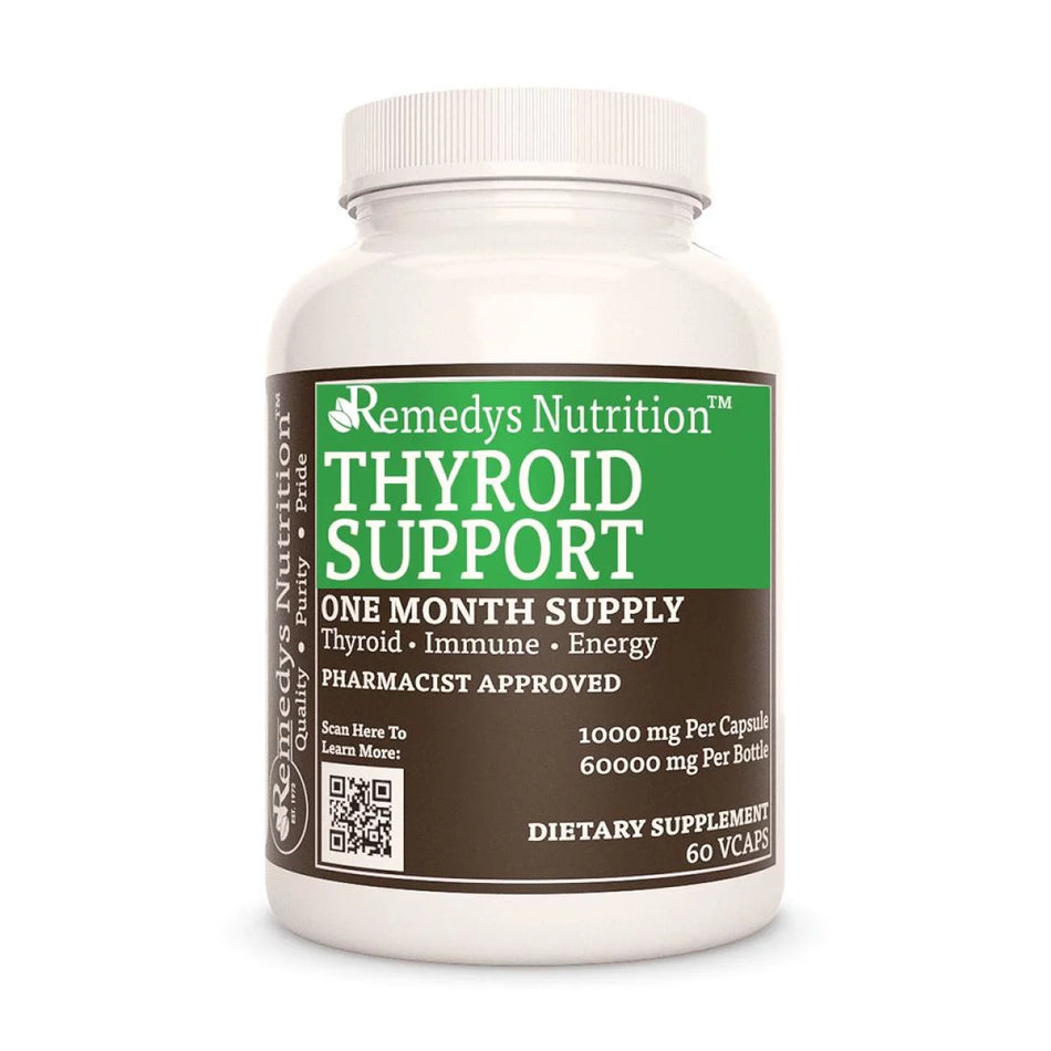 Image of Remedy's Nutrition® Thyroid Support™ Capsules Herbal Dietary Supplement front bottle. Made in the USA. Kelp, Ginger.