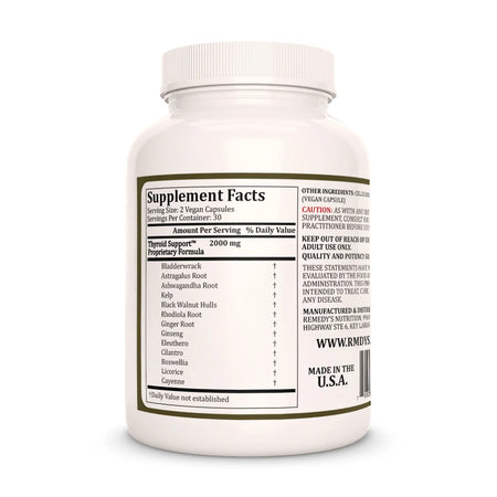 The back of a Remedy's Nutrition 'Thyroid Support' supplement bottle, showing the supplement facts and ingredients.