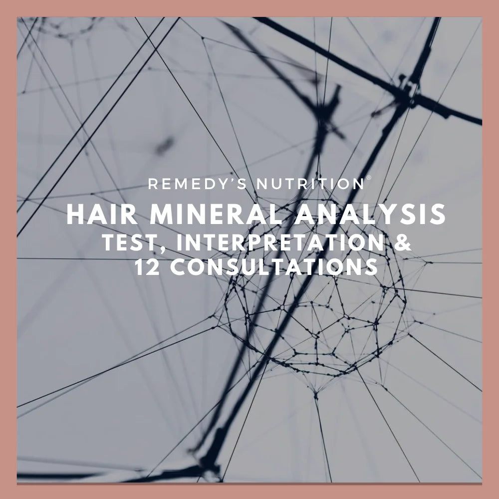 A promotional graphic for Remedy's Nutrition's Hair Mineral Analysis Test & 12 Consultations.