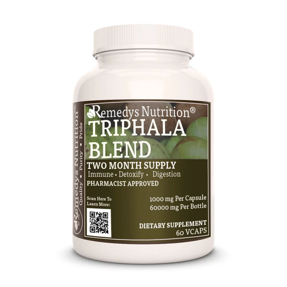 Image of Remedy's Nutrition® Triphala Blend™ Capsules Herbal Dietary Supplement bottle Made in USA Amala Bibhitaki Haritaki. 