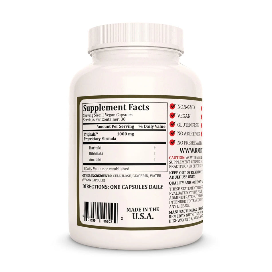 The back of a Remedy's Nutrition 'Triphala Blend' supplement bottle, showing the supplement facts and ingredients.
