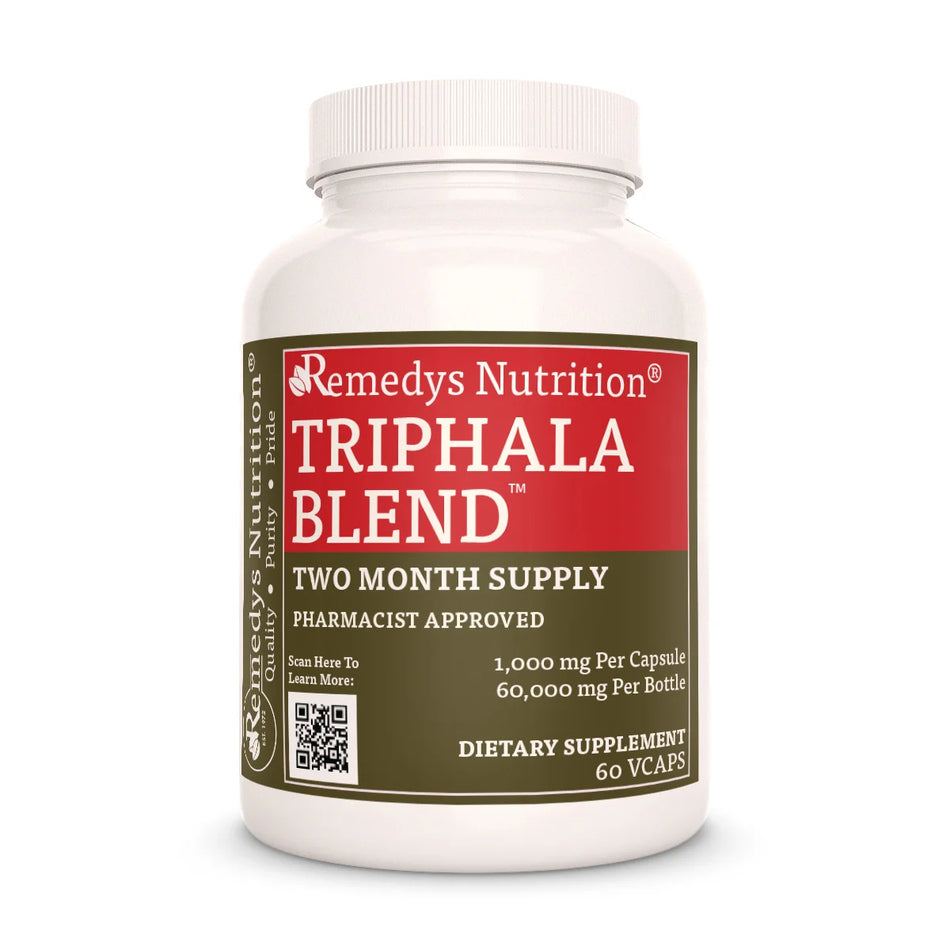The front of a bottle of Remedy's Nutrition 'Triphala Blend' dietary supplement.
