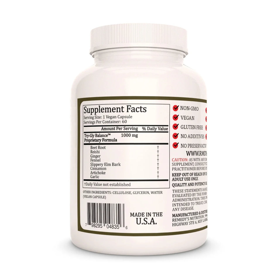 The back of a Remedy's Nutrition 'Try-Gly Balance' supplement bottle, showing the supplement facts and ingredients.