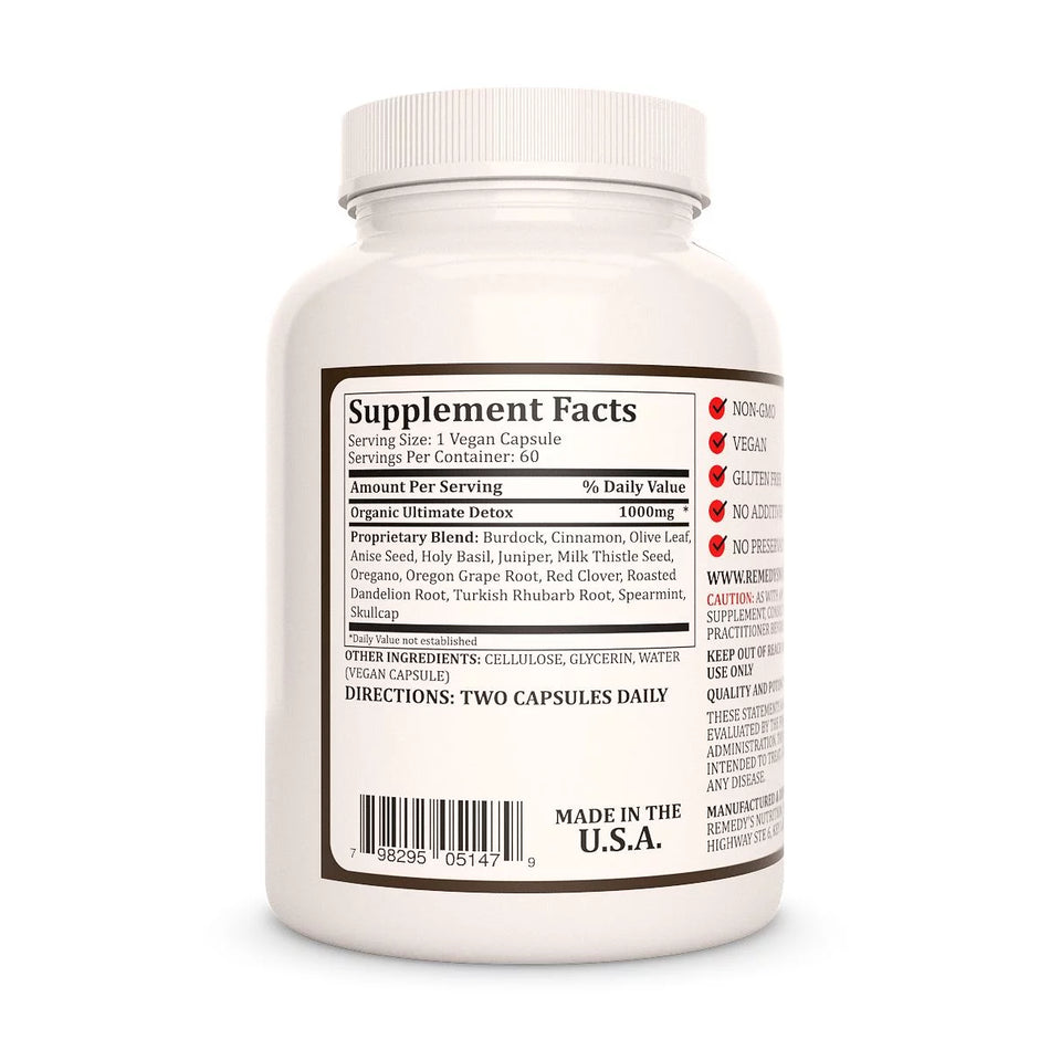 Image of Remedy's Nutrition® Ultimate Detox™ back label. Supplement Facts, Ingredients, Olive Leaf, Anise, Juniper, Oregano.