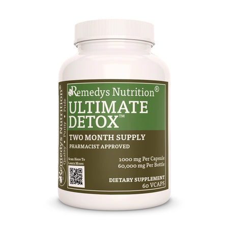 Image of Remedy's Nutrition® Ultimate Detox™ Capsules Herbal Supplement front bottle. Made in USA. Burdock, Cinnamon, Basil.