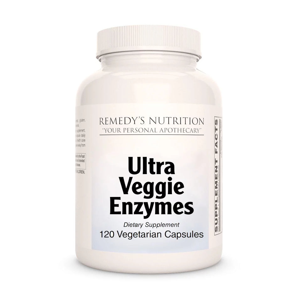 Image of Remedy's Nutrition® Ultra Veggie Enzymes™ Capsules Dietary Supplement front bottle.  Amylase, Lipase, Cellulase.