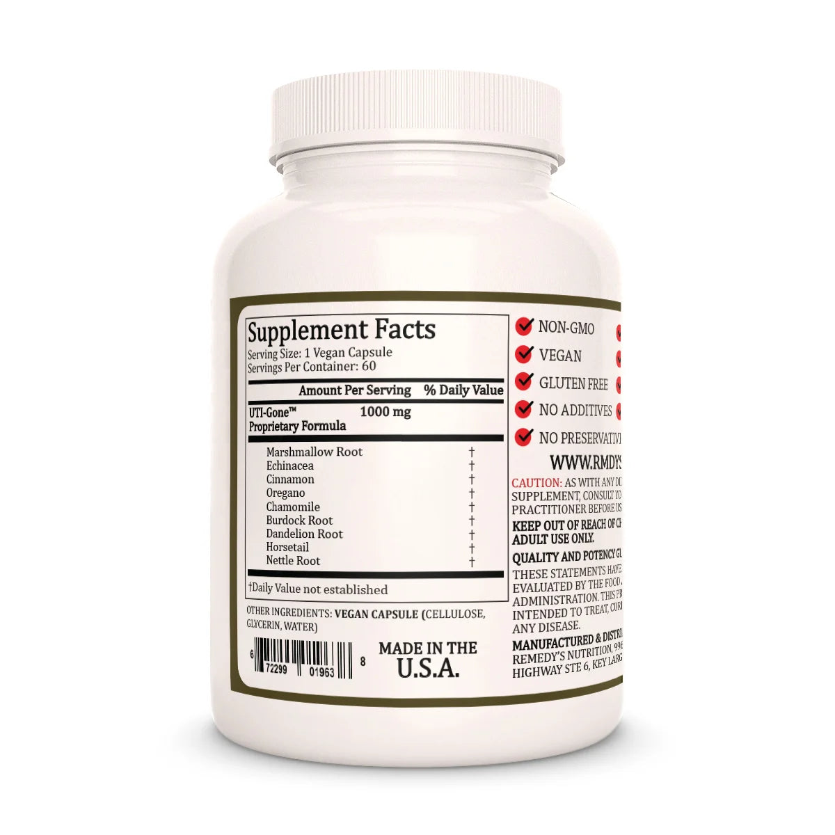 The back of a Remedy's Nutrition 'UTI Gone' supplement bottle, showing the supplement facts and ingredients.
