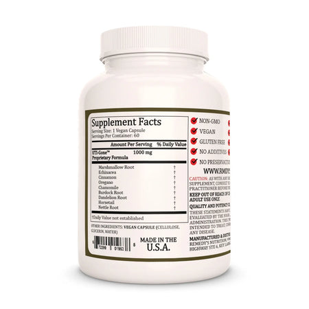 The back of a Remedy's Nutrition 'UTI Gone' supplement bottle, showing the supplement facts and ingredients.
