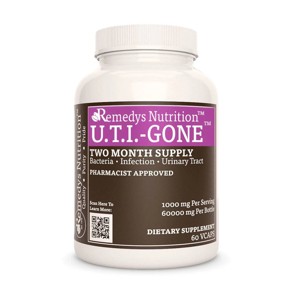 Image of Remedy's Nutrition® U.T.I. Gone™ Capsules Herbal Dietary Supplement front bottle. Made in USA. Echinacea, Cinnamon. 