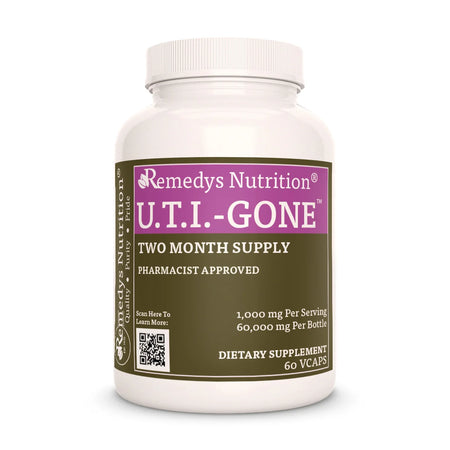 The front of a bottle of Remedy's Nutrition 'UTI Gone' dietary supplement.
