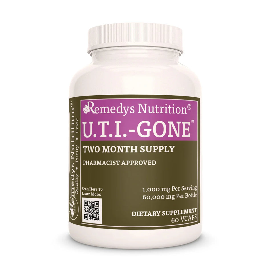 The front of a bottle of Remedy's Nutrition 'UTI Gone' dietary supplement.
