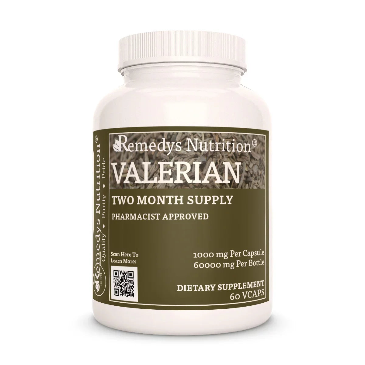 Image of Remedy's Nutrition® Valerian Root Capsules Herbal Dietary Supplement front bottle. Made in USA Valeriana officinalis
