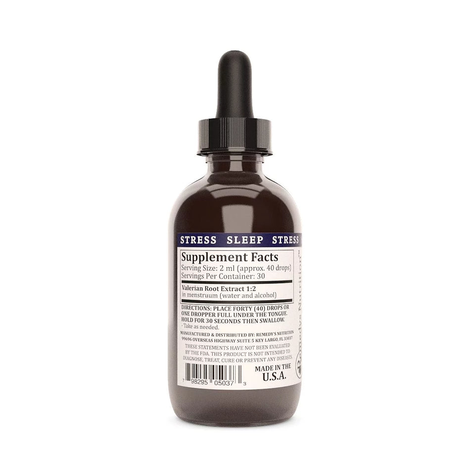 Image of Remedy's Nutrition® Valerian Root Tincture 1:2 back bottle label. Supplement Facts, Ingredients & Directions. 