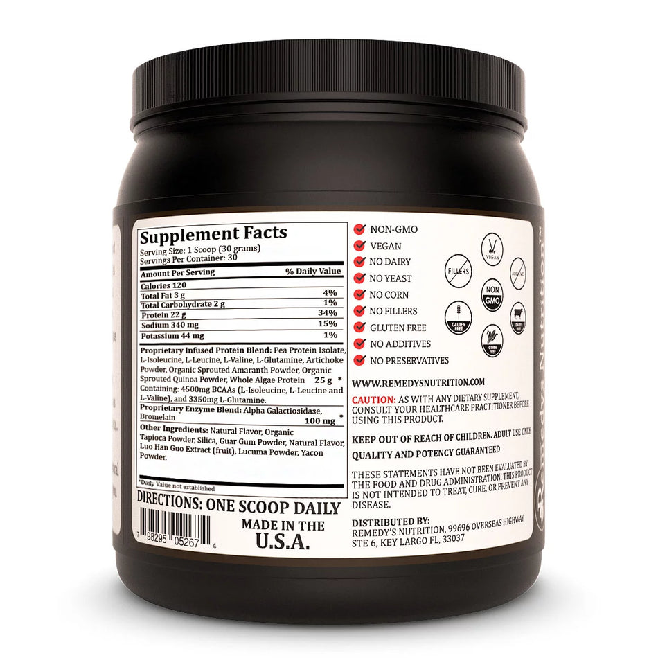 Image of Remedy's Nutrition® Vanilla Vegan Plant Protein Powder back label. Supplement Facts, Ingredients Branch Amino Acids.