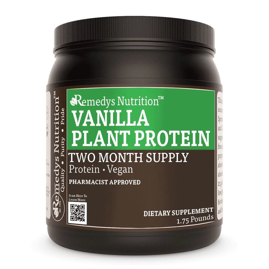 Image of Remedy's Nutrition® Vanilla Vegan Plant Protein Powder Dietary Supplement with Amino Acids bottle. Made in the USA.