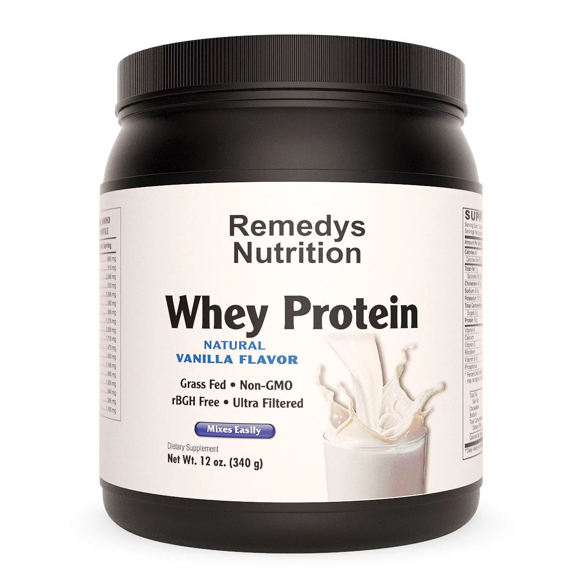 Image of Remedy's Nutrition® 12 oz Vanilla Whey Protein Powder Dietary Supplement front bottle. Made in the USA.