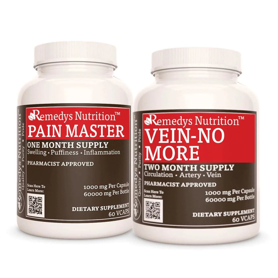 Image of Remedy's Nutrition® Varicose & Spider Veins Power Pack™ includes Pain Master™ & Vein-No More™ Capsules. Made in USA.