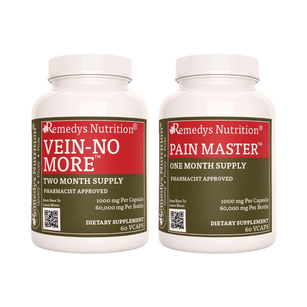 Image of Remedy's Nutrition® Varicose & Spider Veins Power Pack™ includes Pain Master™ & Vein-No More™ Capsules. Made in USA.