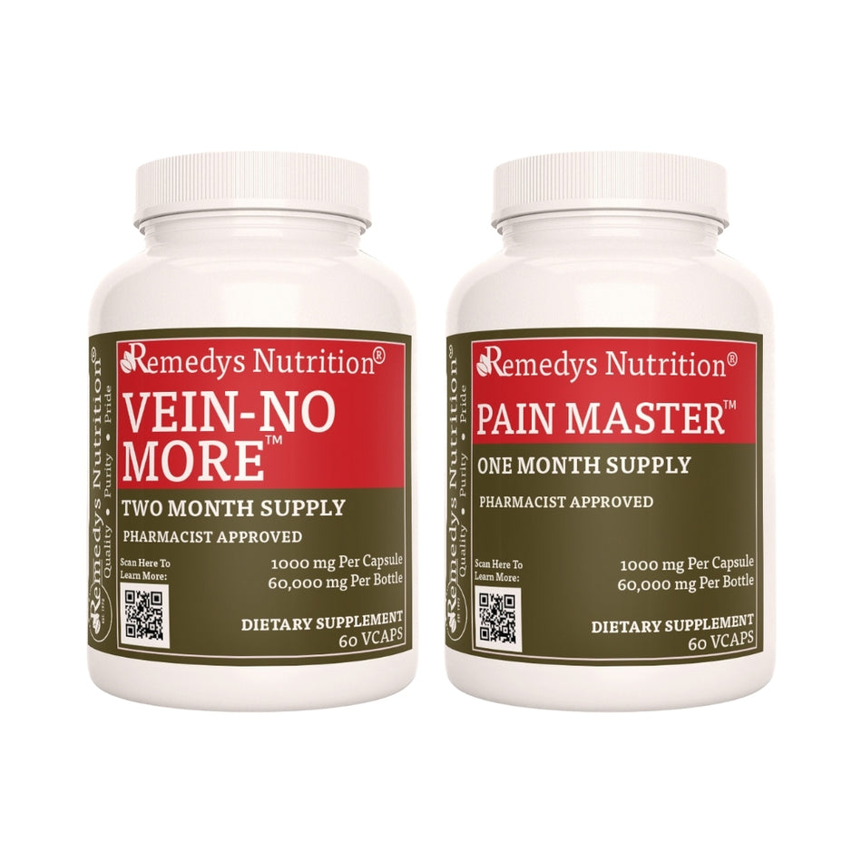 Image of Remedy's Nutrition® Varicose & Spider Veins Power Pack™ includes Pain Master™ & Vein-No More™ Capsules. Made in USA.