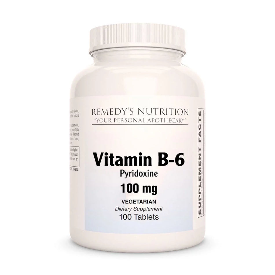 Image of Remedy's Nutrition®  Vitamin B-6 Pyridoxine Vegan Tablets front bottle. Dietary Supplement. 