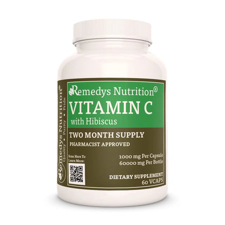 Image of Remedy's Nutrition® Vitamin C with Hibiscus Capsules Dietary Supplement front bottle. Made in the USA.