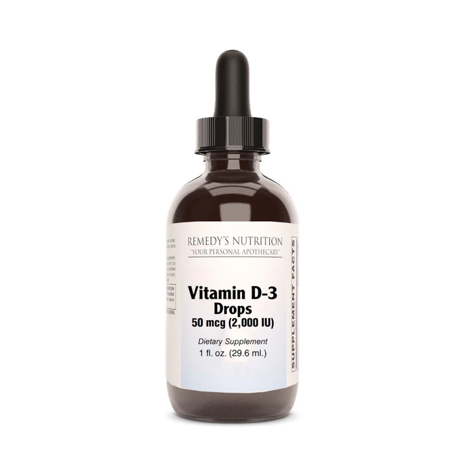 Image of Remedy's Nutrition® Vitamin D-3 Drops Dietary Supplement front bottle. One fluid ounce. 