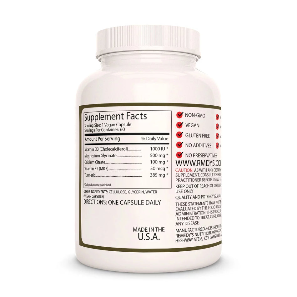 Image of Remedy's Nutrition® Vitamin D-3 1,000 IU back Supplement Facts label Ingredients: Magnesium, Vitamin K2 & Turmeric.  