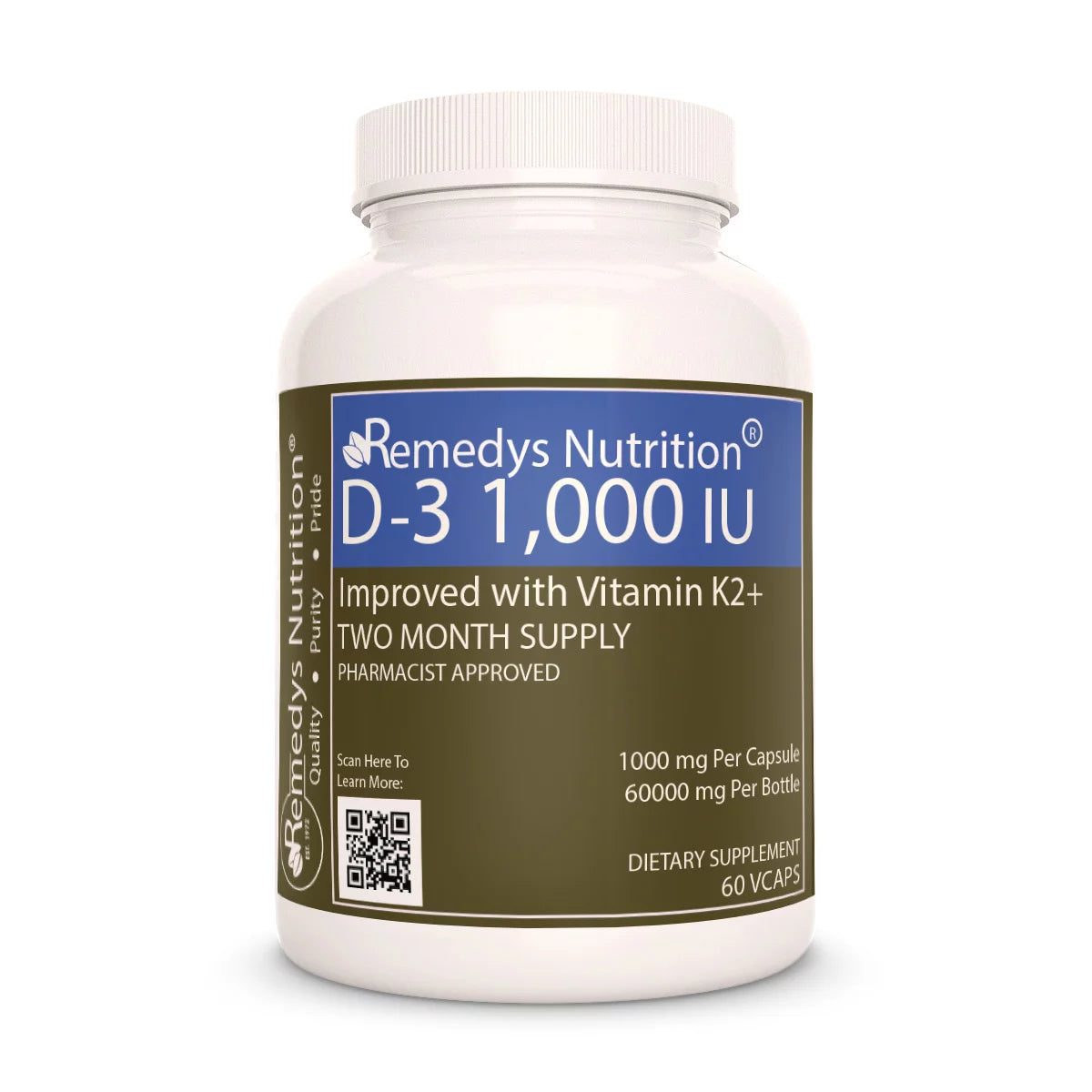 Image of Remedy's Nutrition® Vitamin D-3 1,000 IU Capsules Dietary Supplement with Proprietary Herbal Blend bottle. USA Made.