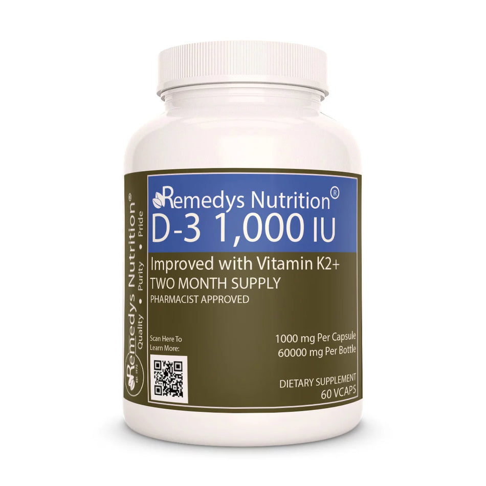 Image of Remedy's Nutrition® Vitamin D-3 1,000 IU Capsules Dietary Supplement with Proprietary Herbal Blend bottle. USA Made.