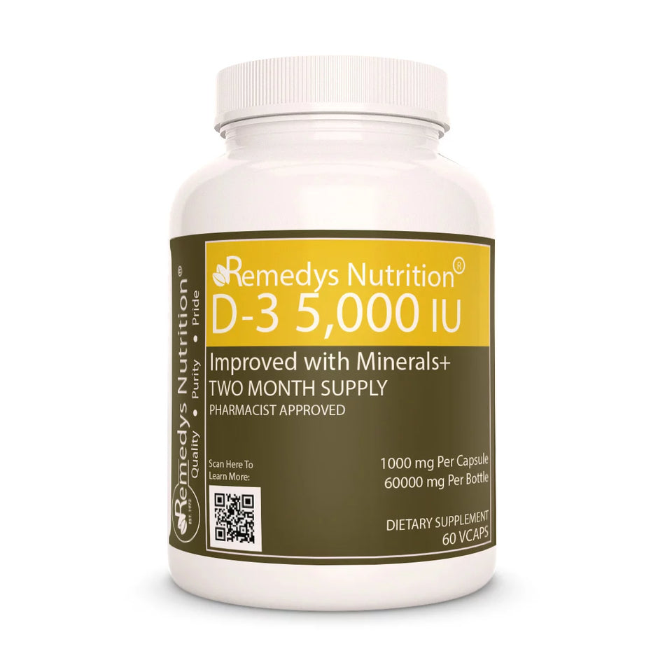 Image of Remedy's Nutrition® Vitamin D-3 5,000 IU Capsules Dietary Supplement with Proprietary Blend bottle. Made in the USA.
