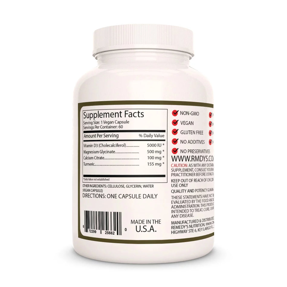 Image of Remedy's Nutrition® Vitamin D-3 5,000 IU back Supplement Facts label. Ingredients: Magnesium, Calcium & Turmeric.  