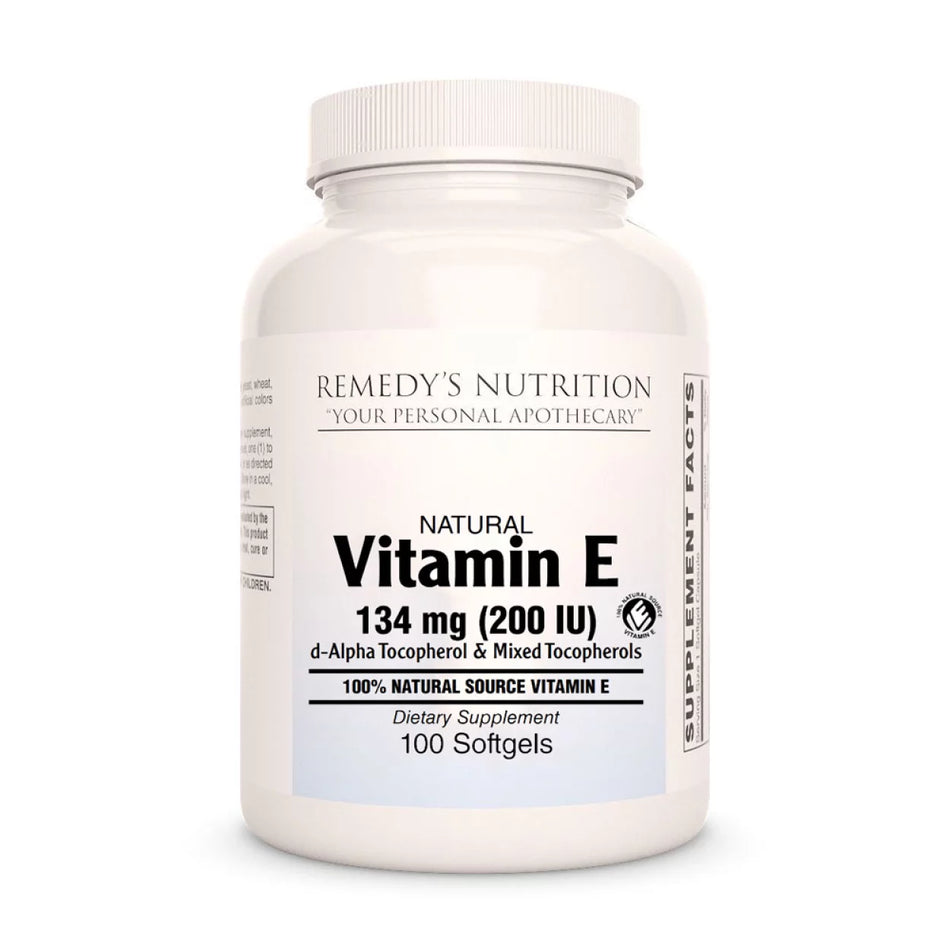 Image of Remedy's Nutrition® Vitamin E Softgels Dietary Supplement front bottle. 200 IU