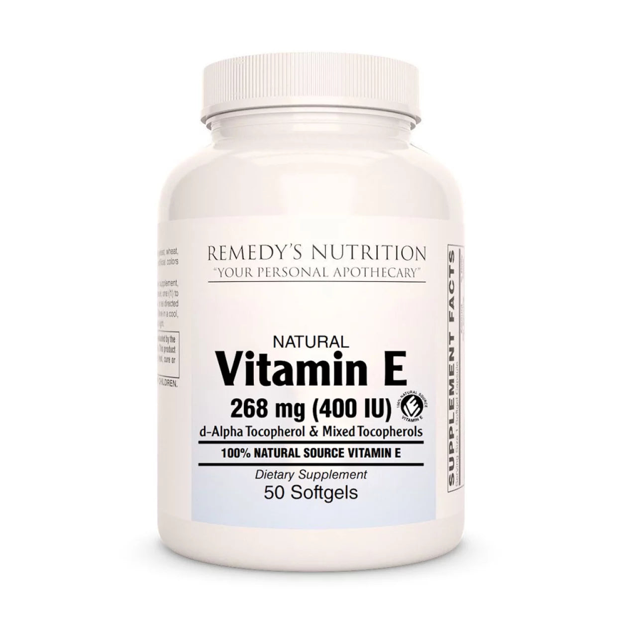 Image of Remedy's Nutrition® Vitamin E Softgels Dietary Supplement front bottle. 400 IU