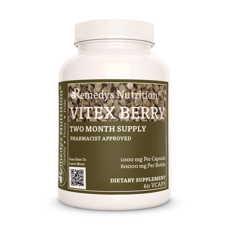 Image of Remedy's Nutrition® Vitex Berry Capsules Herbal Dietary Supplement front bottle. Made in the USA. Vitex agnus-castus