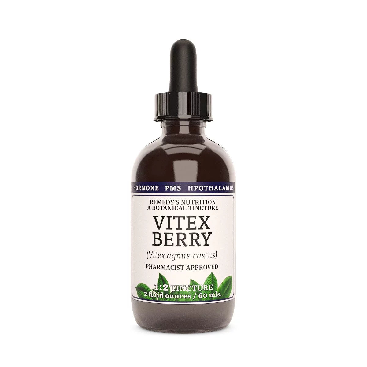 Image of Remedy's Nutrition® Vitex Berry Tincture Herbal Dietary Supplement front bottle. Made in the USA. Vitex agnus-castus