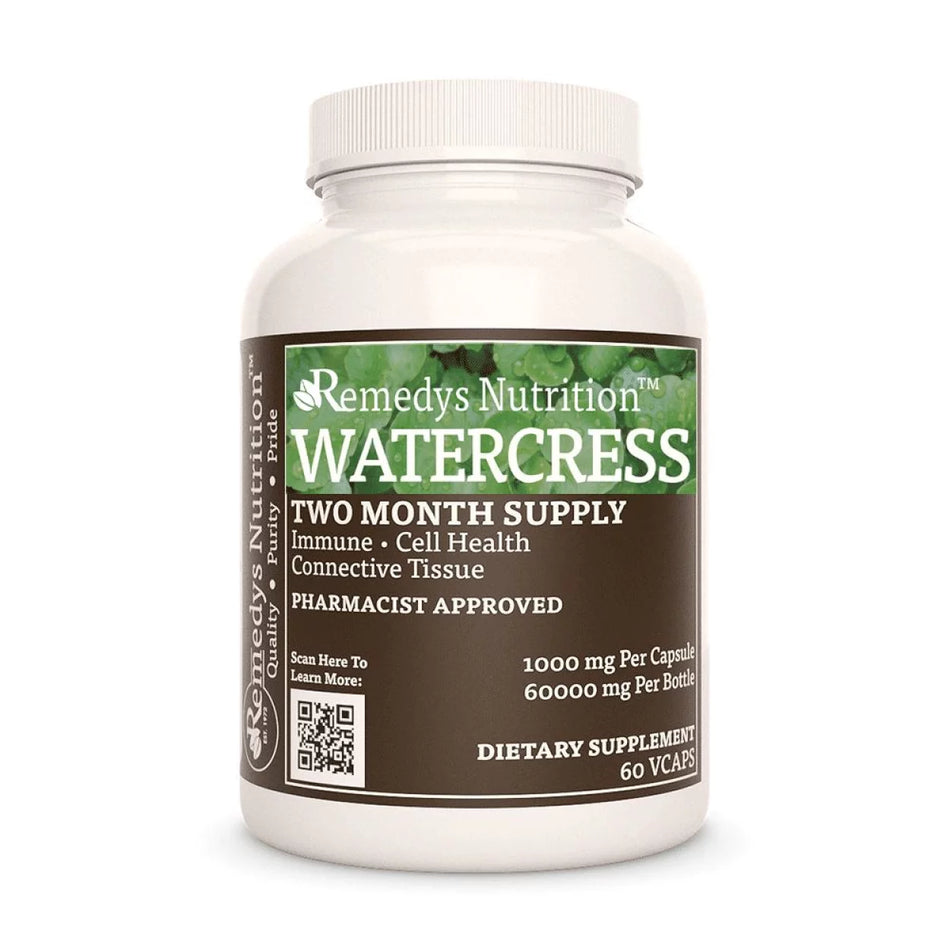 Image of Remedy's Nutrition® Watercress Capsules Herbal Dietary Supplement front bottle. Made in USA. Nasturtium officinale.