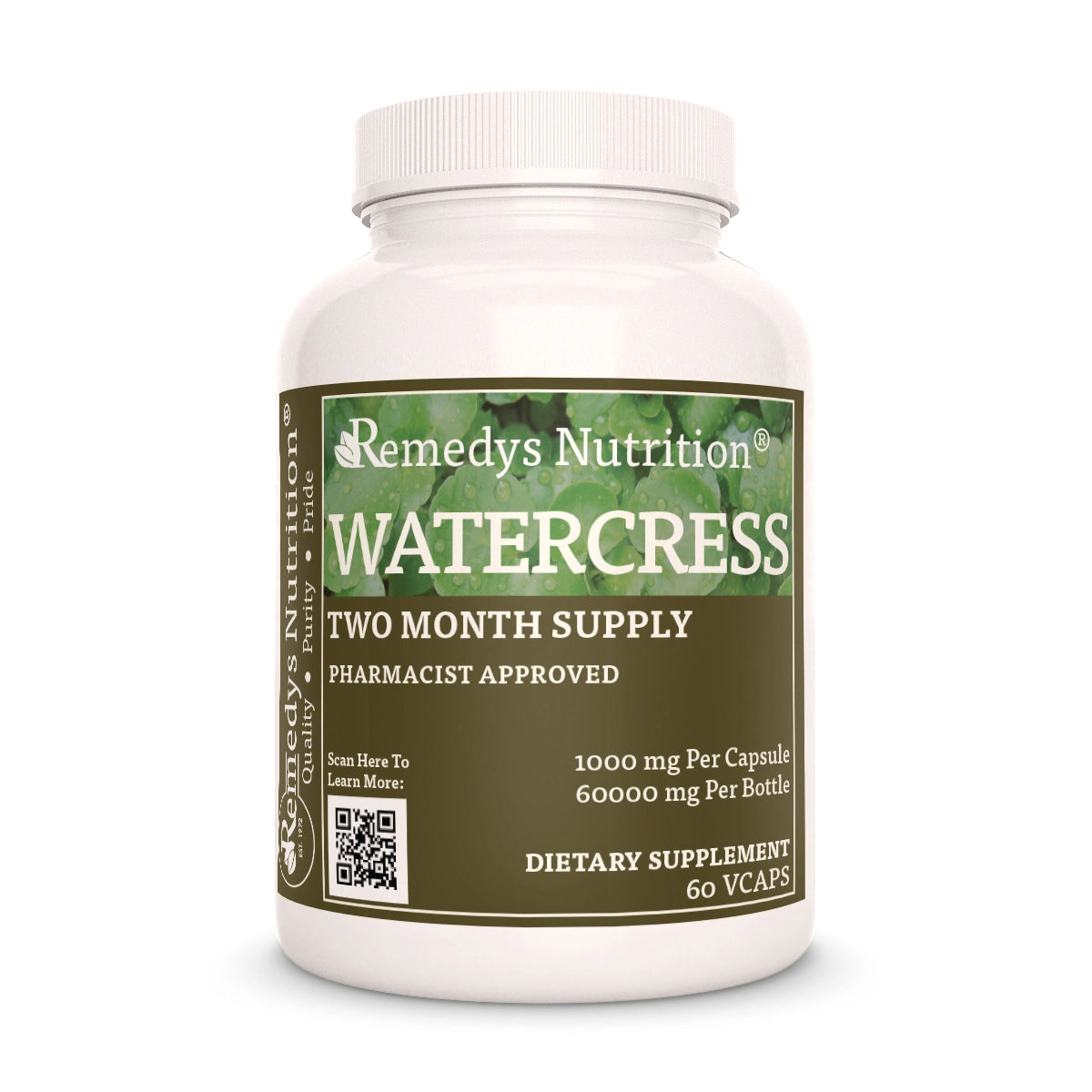 Image of Remedy's Nutrition® Watercress Capsules Herbal Dietary Supplement front bottle. Made in USA. Nasturtium officinale.