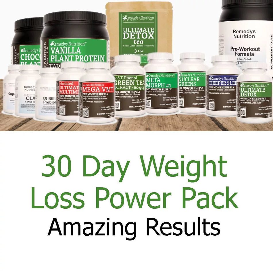 Image of Remedy's Nutrition® Weight Loss Power Pack™ Eleven Supplement Bottles, Protein, Workout Formula, and Detox Tea. 