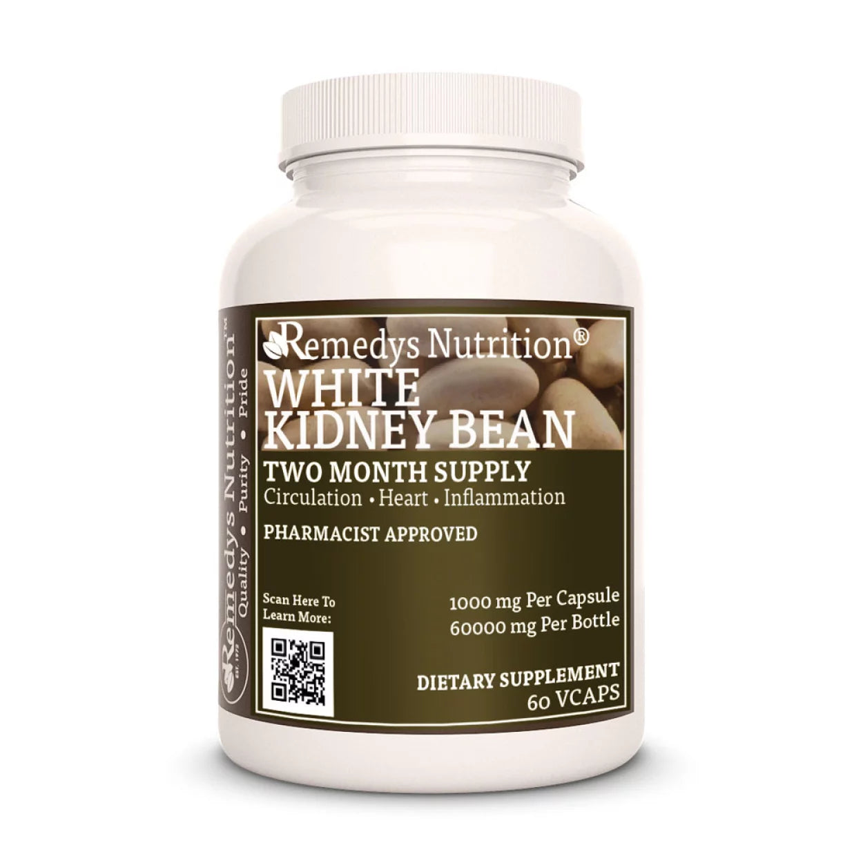 Image of Remedy's Nutrition® White Kidney Bean Capsules Herbal Dietary Supplement front bottle Made in USA Phaseolus vulgaris