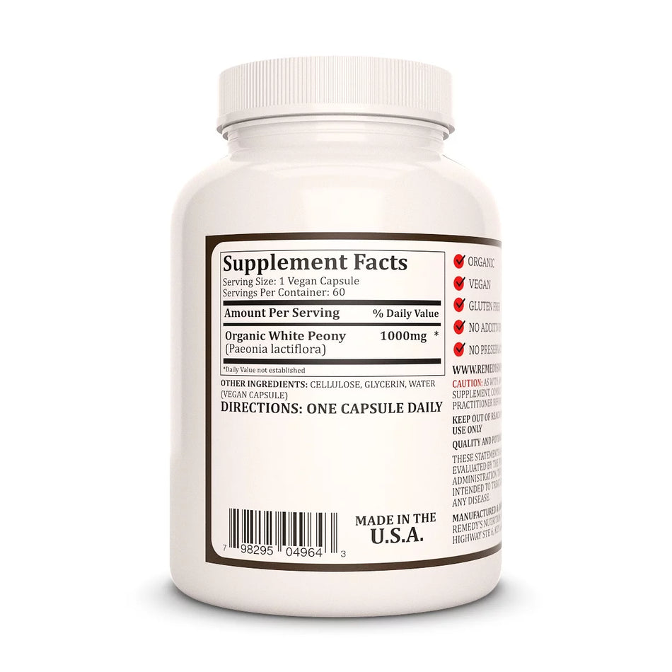 Image of Remedy's Nutrition® White Peony back bottle label. Supplement Facts, Ingredients and Directions. Paeonia lactiflora.